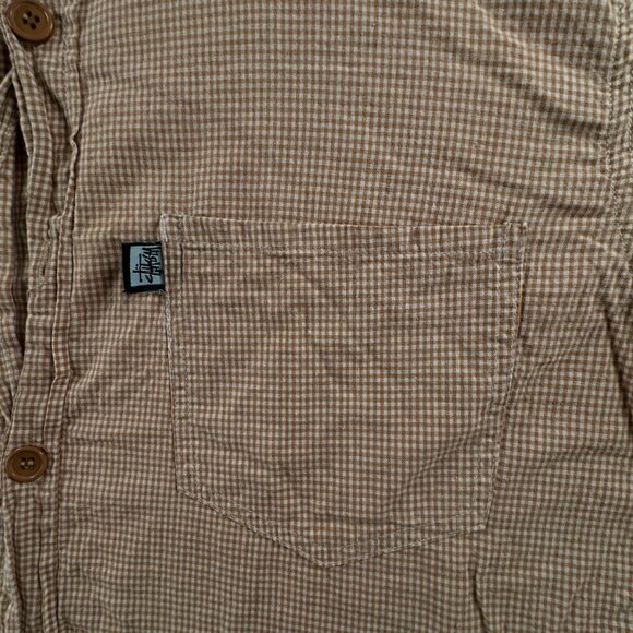 Stussy Beige Check Button Up Shirt Short Sleeve Men Polyester Cotton Blend Med - Picture 10 of 16